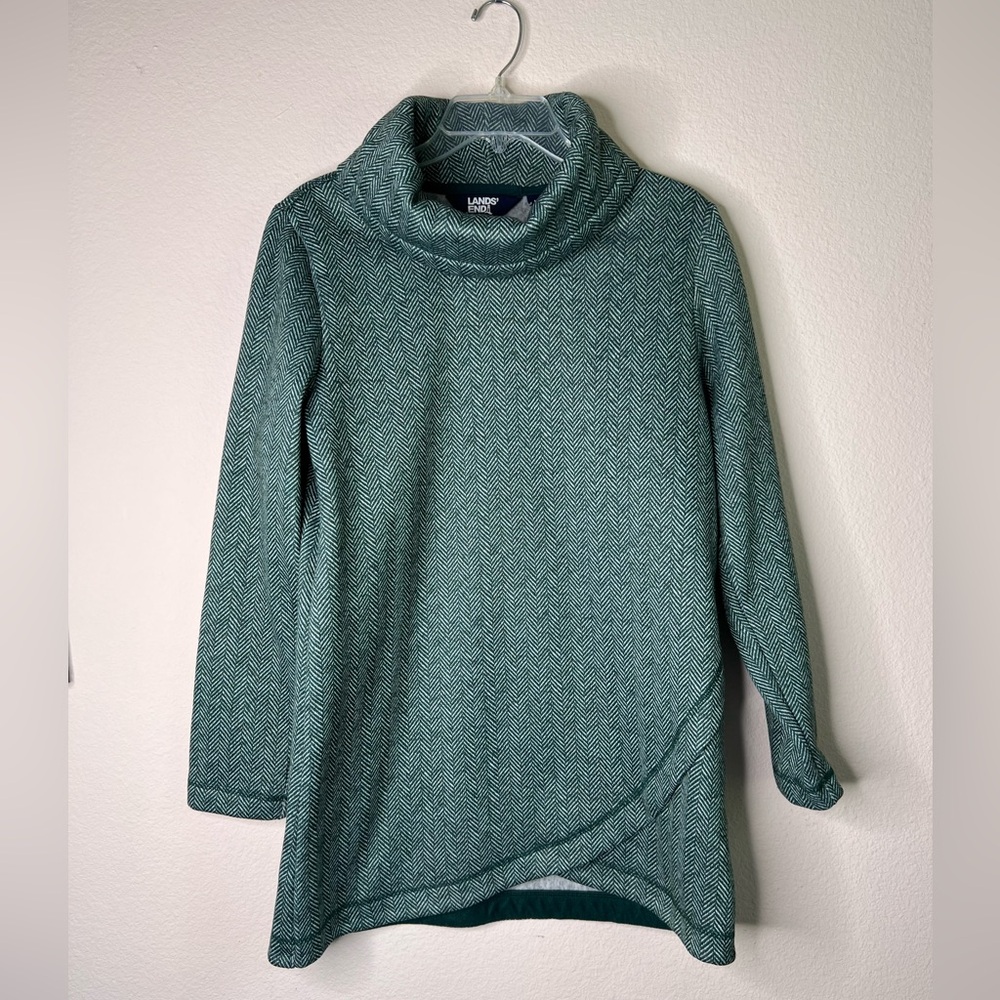 Lands' End Cowlneck Fleece Tunic Green Tulip Hem Sweater SZ M